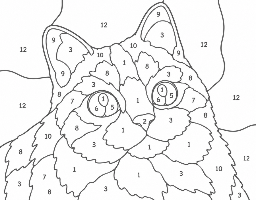 同一只猫咪转换成的数字油画编号线稿示意