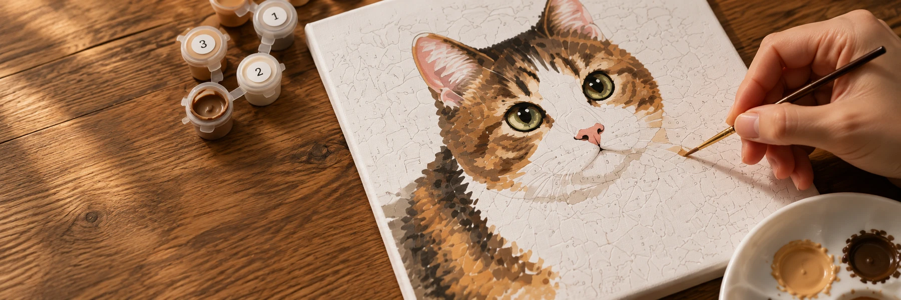 画笔在画布上为三花猫数字油画填色